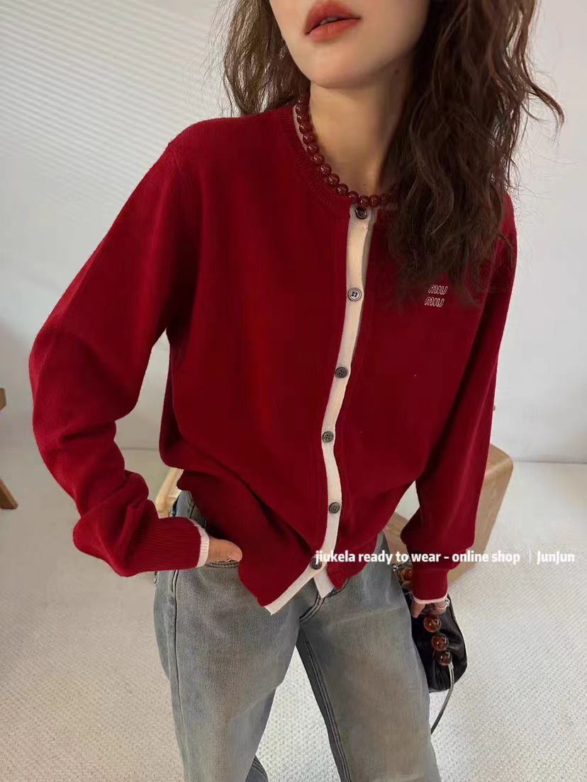 Round neck contrasting color single-breasted wool knitted cardigan for women European winter new style soft and versatile top trendy