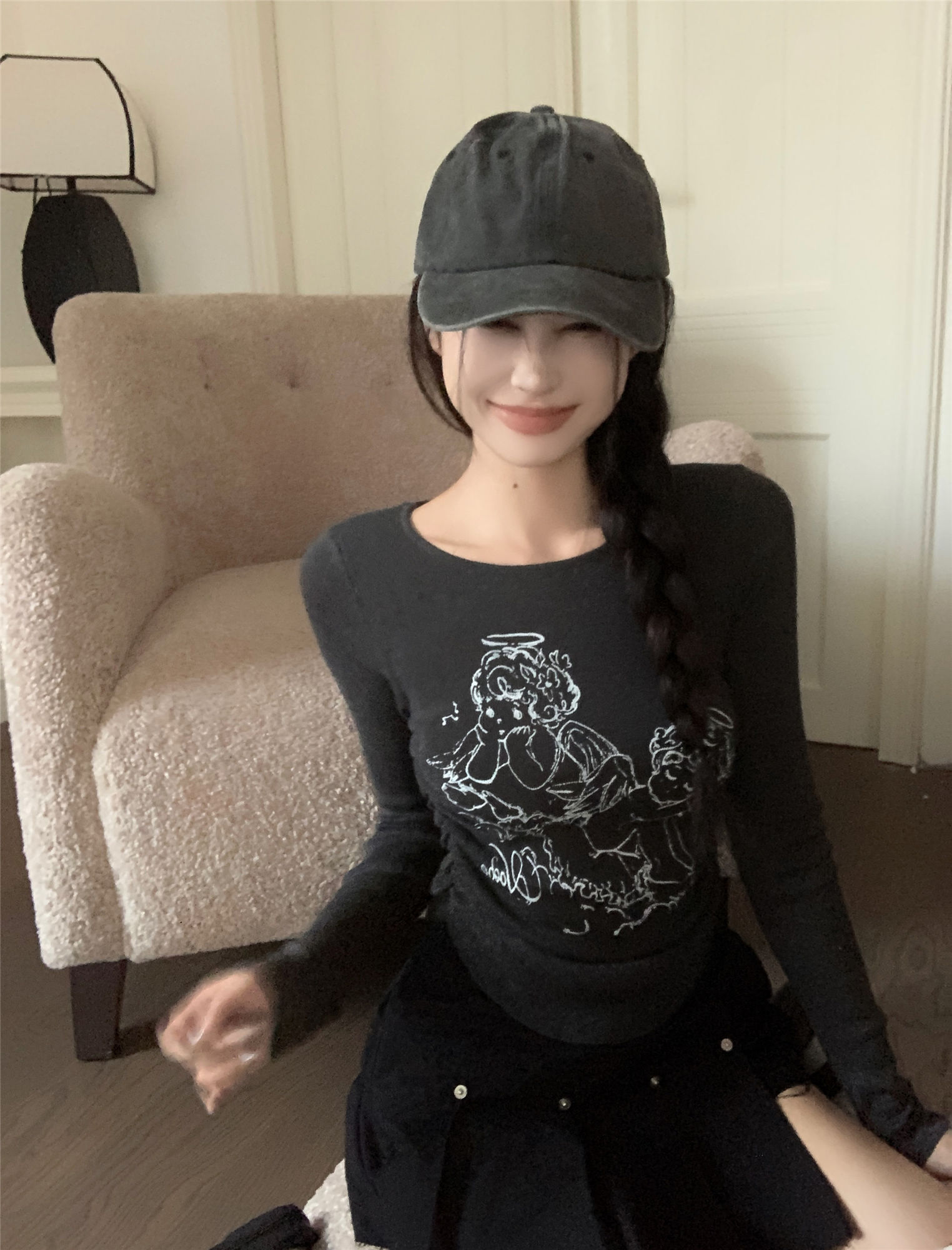 Real shot ~ American retro cartoon printed long-sleeved T-shirt for women, new autumn round neck slimming bottoming top