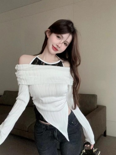 Real shot ~ Pure desire fashion irregular splicing one-line collar halter fake two-piece long-sleeved new top T-shirt women's clothing