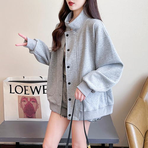 Real shot of Chinese cotton composite milk silk sweatshirt for women spring and autumn thin solid color buttoned cardigan coat tops for women plus size