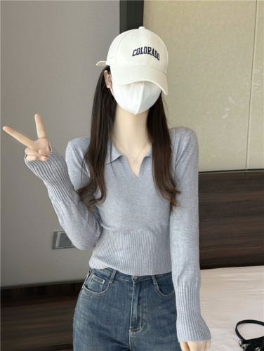 Actual shot~New V-neck slimming waist short lapel long-sleeved knitted top for women