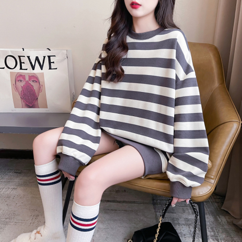 First real shot of 250g pique striped spring and autumn thin trendy round neck long-sleeved T-shirt tops large size women's clothing 200 pounds