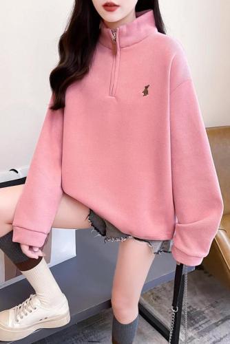 Real shot of rice wool composite 330g sweatshirt for women spring and autumn embroidered lapel top plus size women's 200 pounds