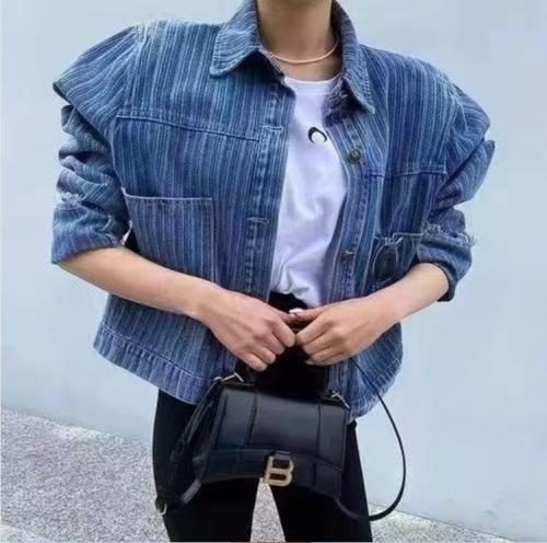 Korean retro lapel loose slimming high waist cuffs raw edge puff sleeves vertical striped denim jacket for women