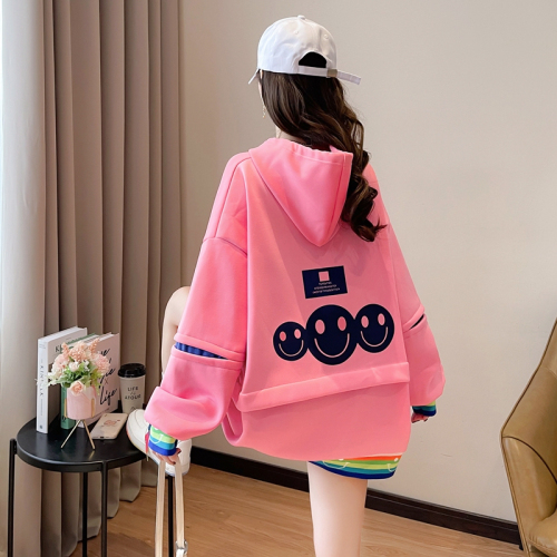 First real shot of 65 fish scale spring and autumn new Korean style loose and versatile fake two-piece thin sweatshirt for women