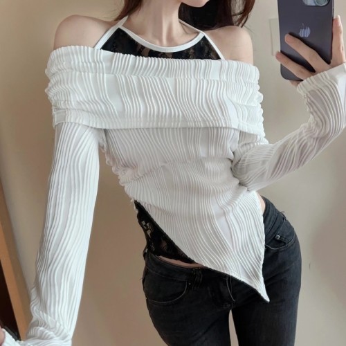 Real shot ~ Pure desire fashion irregular splicing one-line collar halter fake two-piece long-sleeved new top T-shirt women's clothing