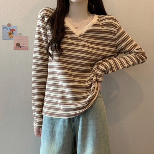 First real shot 300g striped bottoming shirt for women spring and autumn trendy thin short style trendy Korean style V-neck top long-sleeved T-shirt