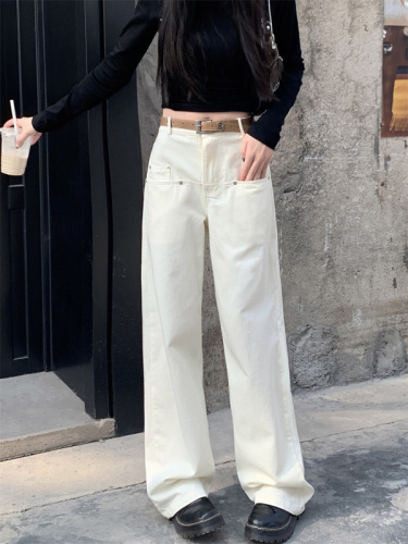 Actual shot of early spring new high-waisted off-white loose, slim and versatile casual long jeans for women