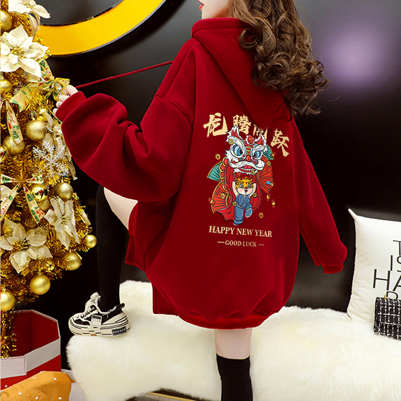 Imitation Chinese cotton velvet autumn and winter 2024 Super Year of the Fire Dragon printed loose hooded plus velvet sweatshirt