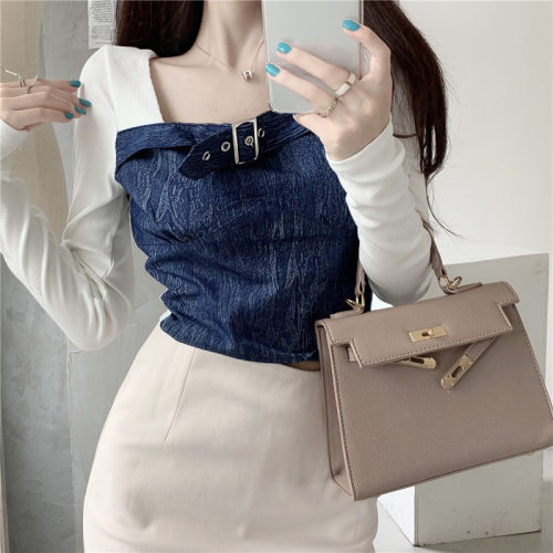 Chic sweet and spicy splicing long-sleeved fake two-piece bottoming shirt for women in autumn and winter unique design niche pure desire short top