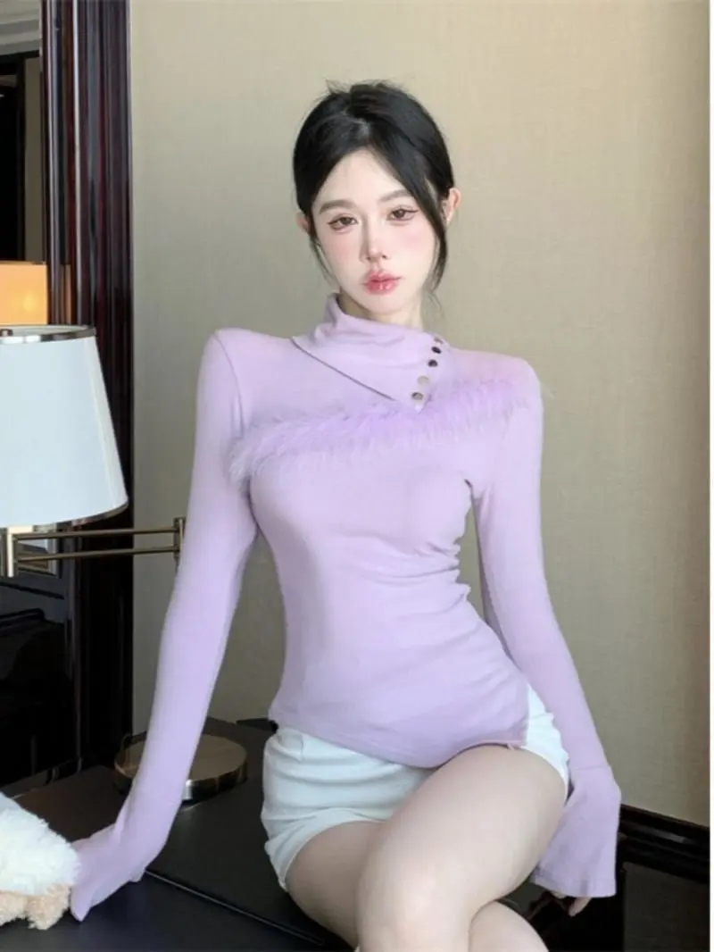 Design sense 2024 spring new Korean style irregular high collar fur splicing T-shirt women's slim and versatile top trendy