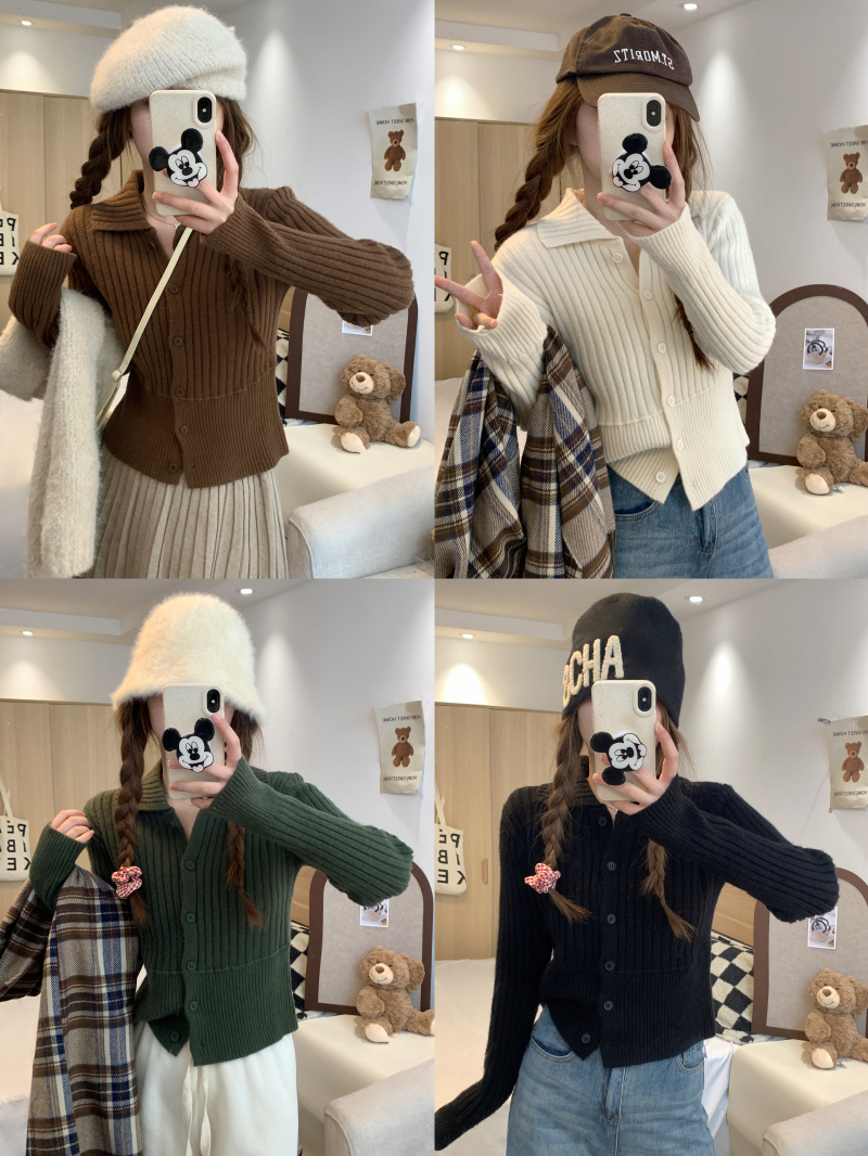 Real shot of the new Korean style temperament lapel pit strips slimming knitted long-sleeved cardigan top for women