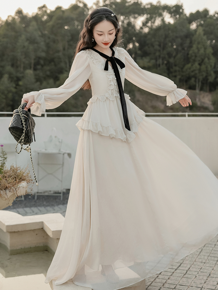 French dress, high-end long-sleeved skirt, birthday mini dress, palace style long skirt for women, autumn and winter