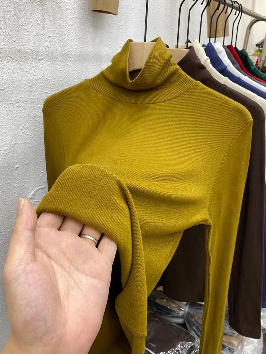 2024 Spring and Autumn New Solid Color Versatile Turtleneck Velvet Threaded T-shirt Women's Slim Bottoming Top Thick Top