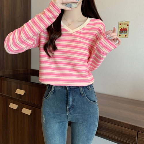 First real shot 300g striped bottoming shirt for women spring and autumn trendy thin short style trendy Korean style V-neck top long-sleeved T-shirt