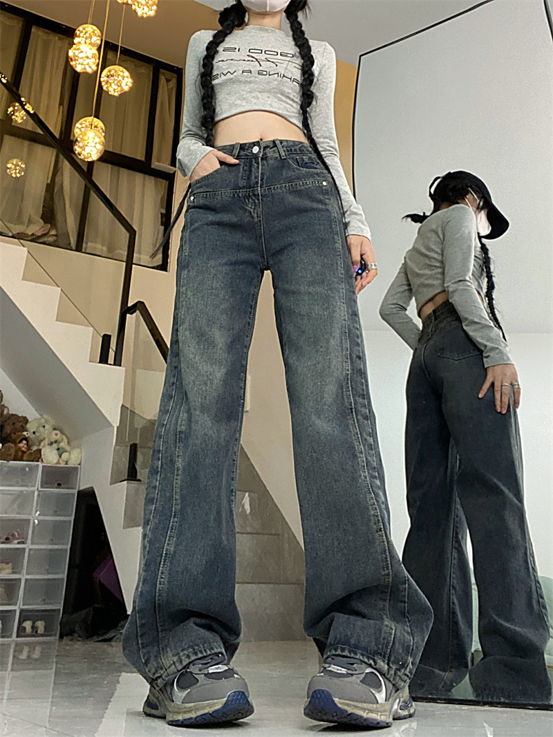 2024 new style patchwork jeans women's trousers versatile cement gray straight pear-shaped flesh-covering narrow version high-waisted floor-length trousers