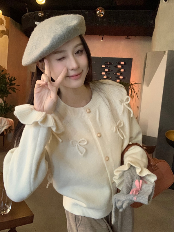 New Year red three-dimensional bow fungus round neck single-breasted knitted cardigan sweater jacket