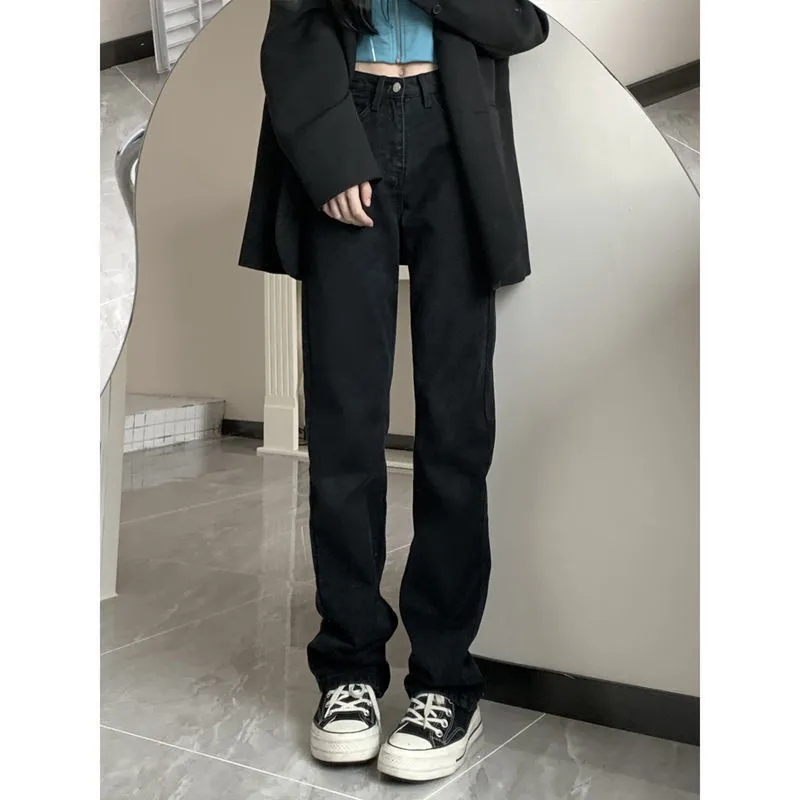 2024 Spring and Summer New High Waist Black MM Jeans Women's Straight Narrow Version Slim Drape Non-Elastic Floor-Mopping Pants Trendy