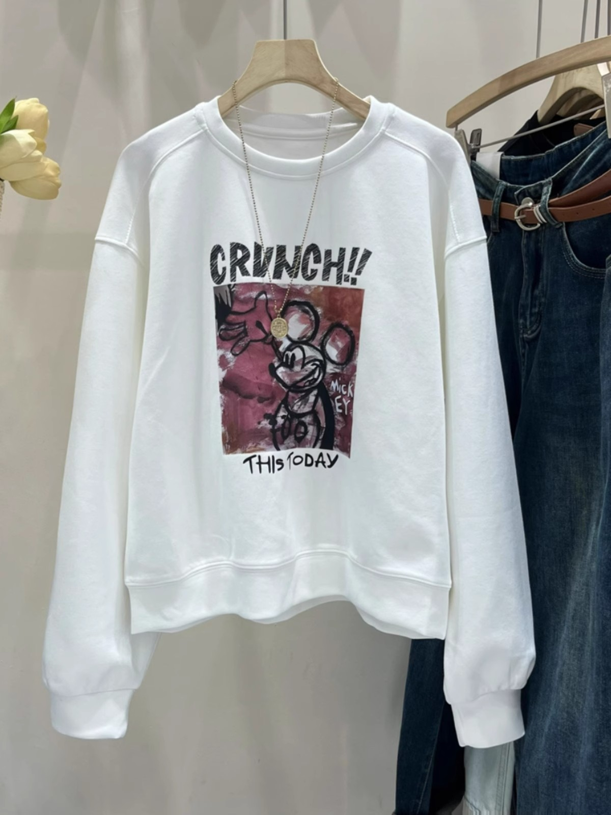 Pure cotton back strip 2024 spring and autumn new thin round neck versatile printed short top sweatshirt for women