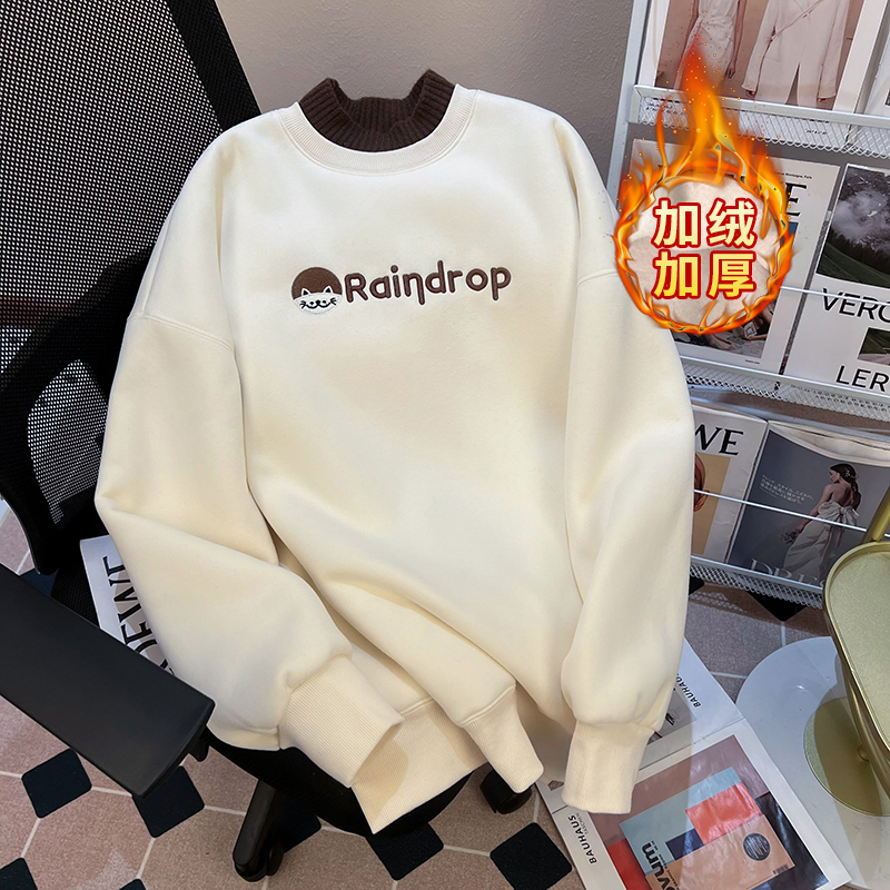 Real shot of Chinese cotton composite alpaca plus velvet thickened 420g sweatshirt for women 2024 new autumn and winter trendy warm top