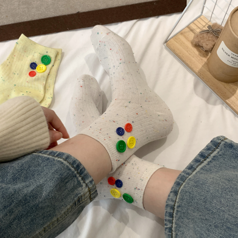 實拍 紐扣彩色點子砂百搭中筒長襪女韓國日系ins潮堆堆襪子女