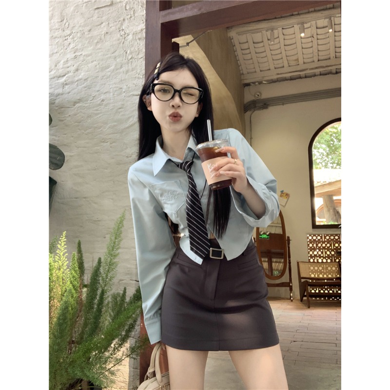 學院風領帶白色襯衫女春季新款設計感小眾刺繡修身短款長袖上衣潮