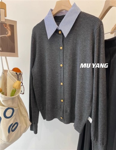 MUYANG Korean style ins literary style striped shirt collar review long-sleeved sweater inner layering top