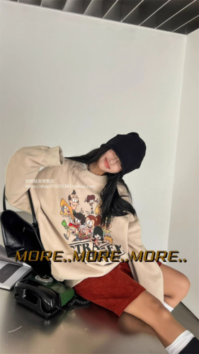 Pure cotton back strip 2024 spring and autumn velvet thickened loose sweatshirt women's pullover top