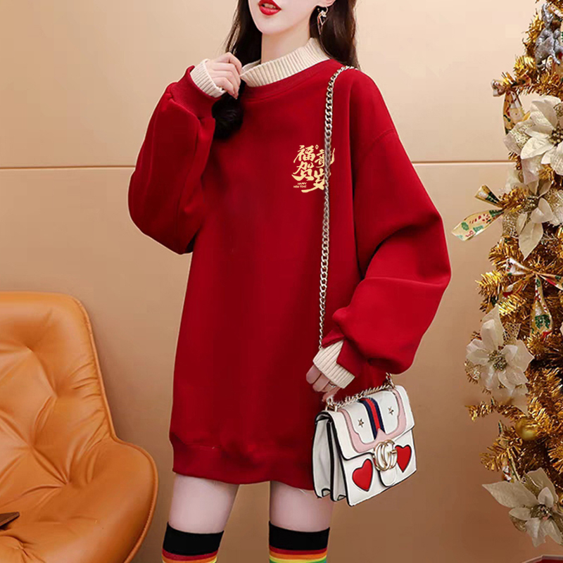 Pure cotton composite super soft autumn and winter super fire dragon print fake two-piece half turtleneck plus velvet sweatshirt for women