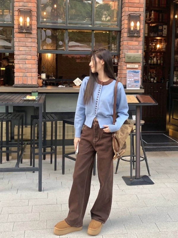 New contrast color sweater cardigan for women autumn and winter new slim short long-sleeved sweater