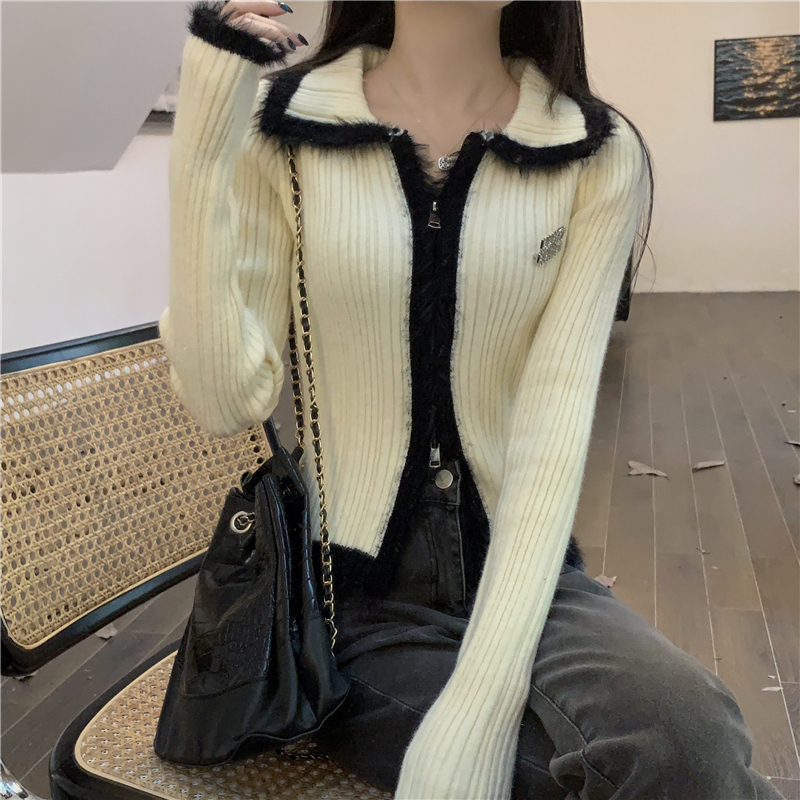 Autumn and winter new style temperament color-blocking splicing wool knitted cardigan double-ended zipper top