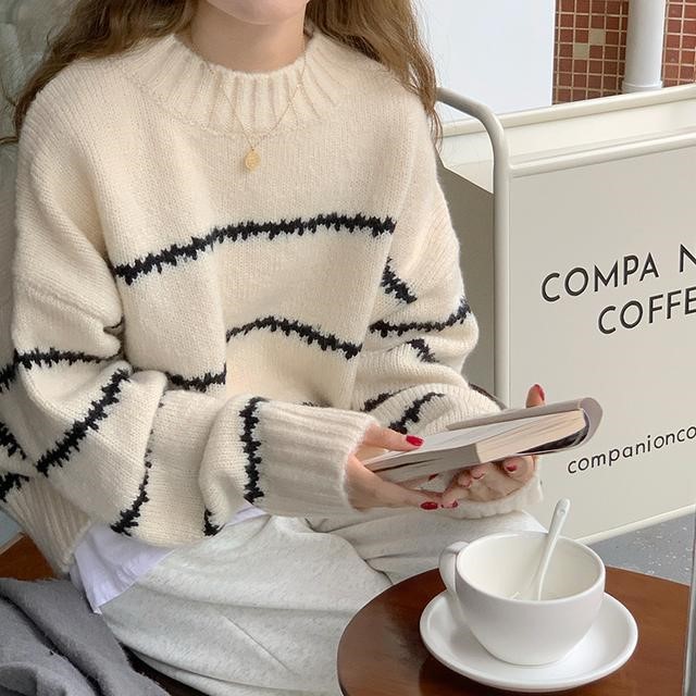 Retro Japanese style lazy loose sweater for women thickened autumn and winter new long-sleeved striped half turtleneck sweater