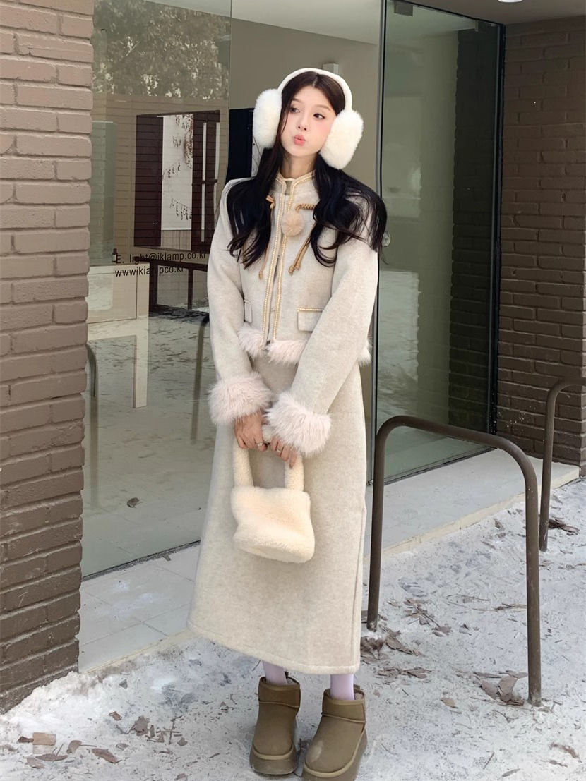 富家千金夾棉加厚毛毛拼接長袖毛呢外套半身裙女秋冬2024新款套裝