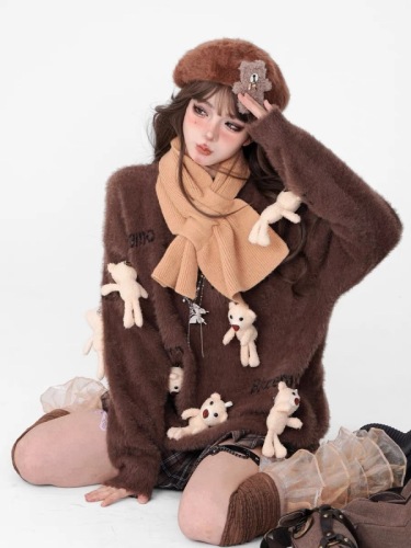 kellykitty warm little brown bear brown cute little bear pendant sweater Maillard plush knitted top