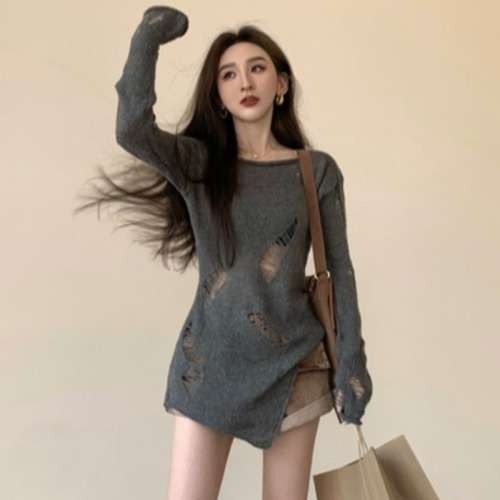 Irregular sun protection clothing for women 2023 new chic design European knitted sweater long hollow bottoming top