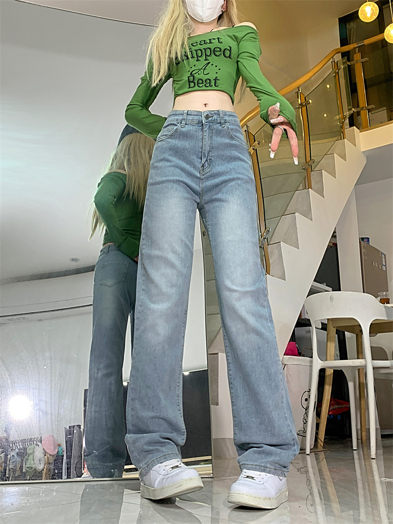 實拍！淺藍色闊腿牛仔褲女春新款高腰直筒褲子百搭顯瘦彈力