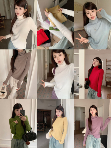 Actual shot of 9-color high-neck long-sleeved knitted bottoming shirt for women in winter, thickened and warm inner layer, slim fit top
