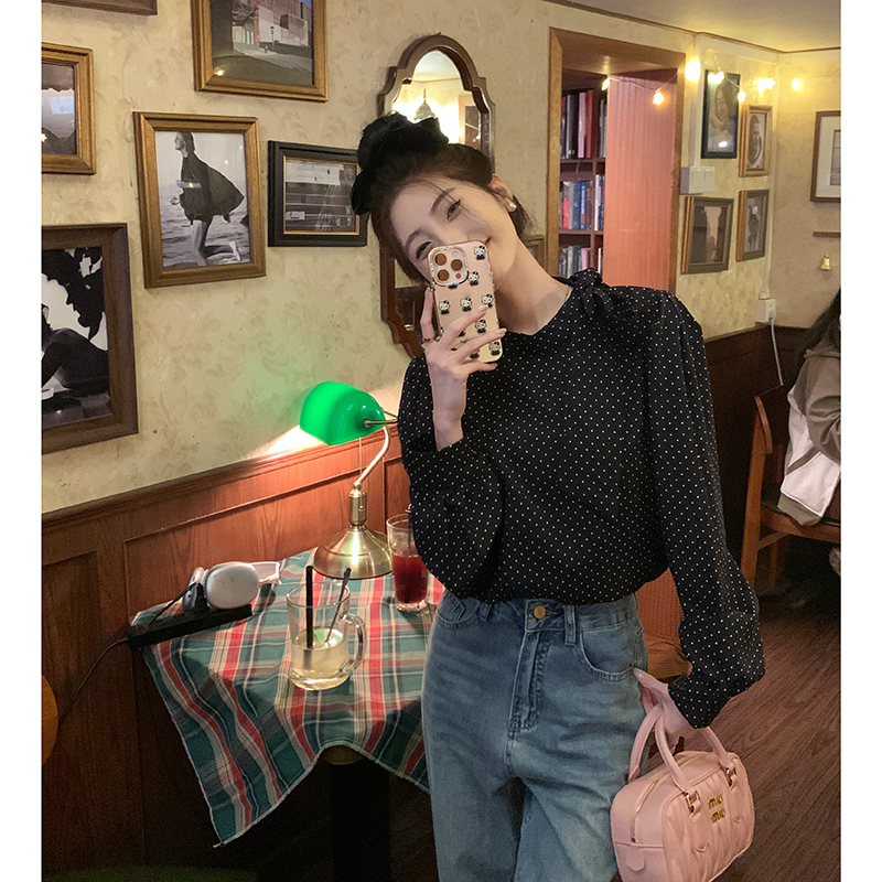 實拍  韓系波點甜美氣質襯衣女寬鬆小眾立領長袖襯衫