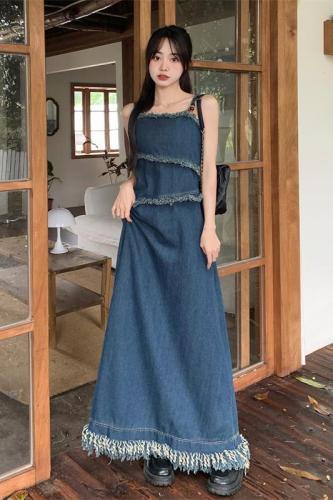 Actual shot of 2024 spring and summer plus size personalized dress retro tassel beaded denim suspender skirt M-5XL 200 pounds