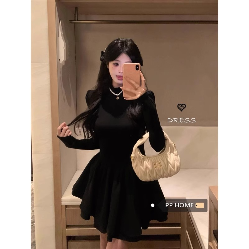 法式氣質半高領千金風連衣裙收腰顯瘦公主蓬蓬裙女2024新款秋冬季