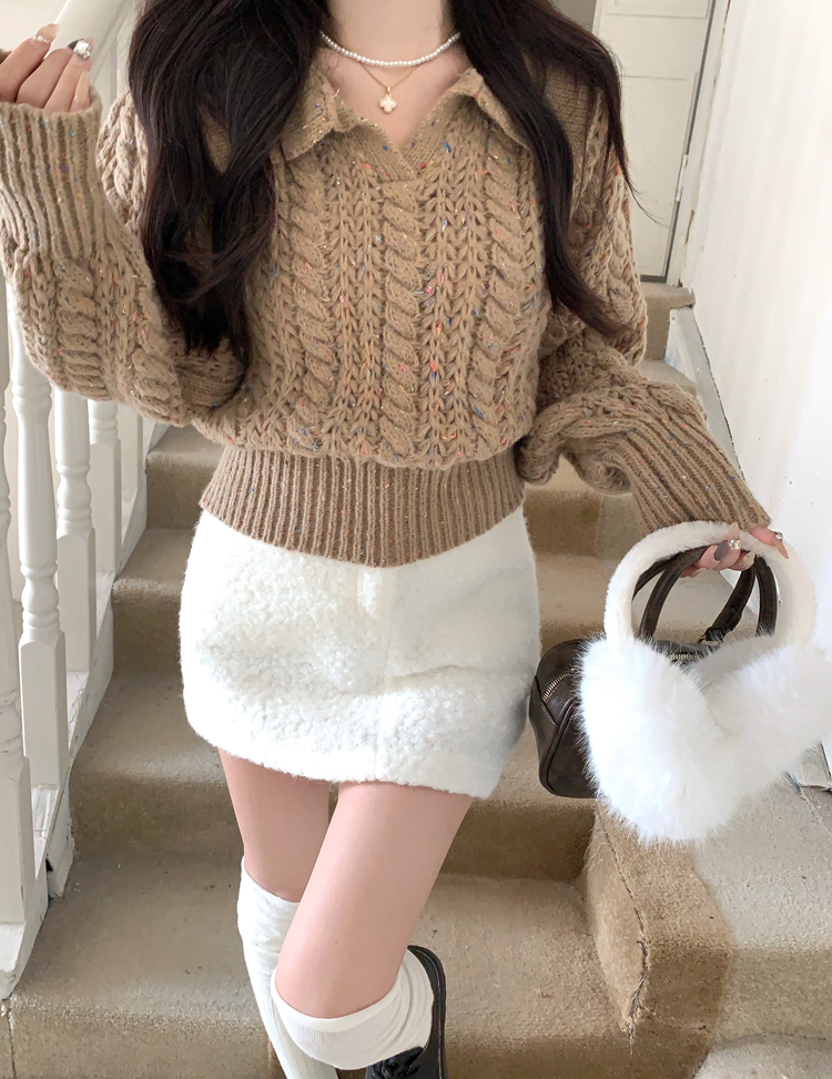 實拍 小個子短款娃娃臉彩點翻領針織衫上衣