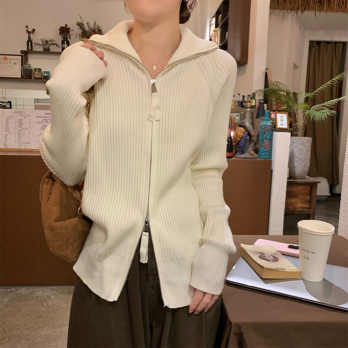 實拍 秋冬韓版寬鬆高領純色插肩雙拉鏈安迪絨針織開衫外套女
