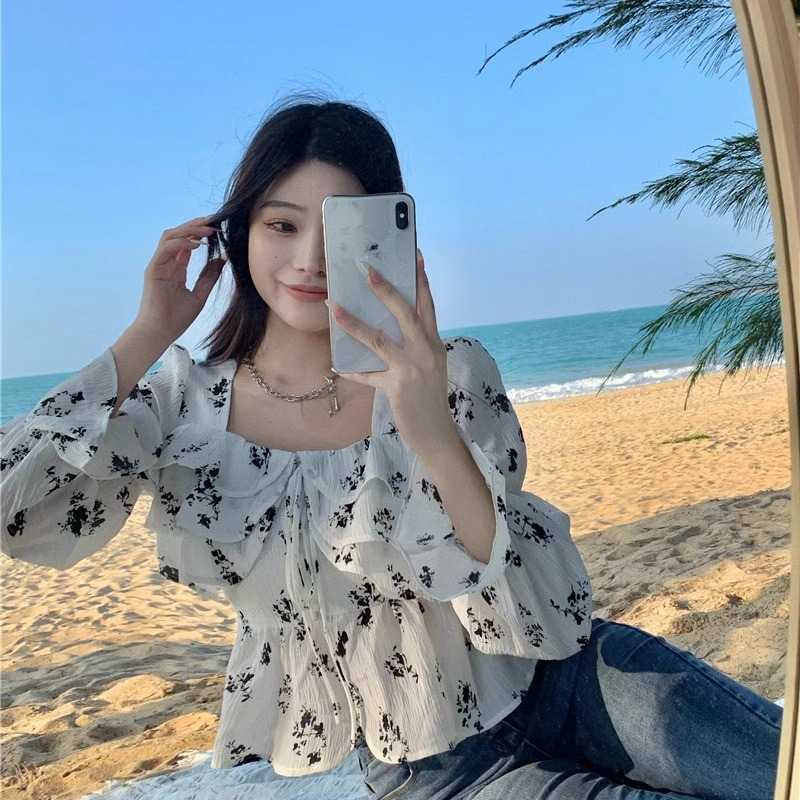 官圖2024方領法式短款荷葉邊碎花襯衫女設計感小眾長袖上衣雪紡衫