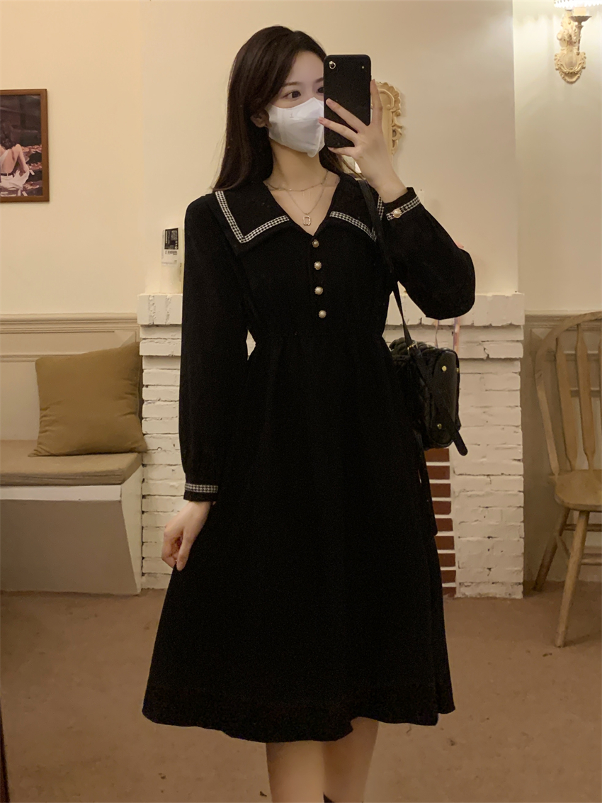 實拍 2024年新款設計感V領韓版春季連衣裙小個子女裝中長款裙子