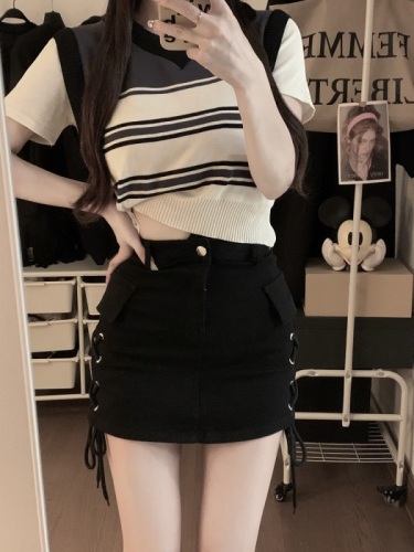 Actual shot Spring style ~ hot girl lace-up design skirt high waist slimming hip skirt anti-exposure short skirt