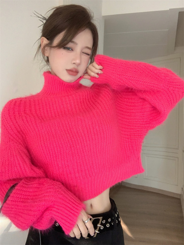 Actual shot of retro temperament solid color half-turtleneck sweater for women in autumn and winter loose short rabbit fur top trendy