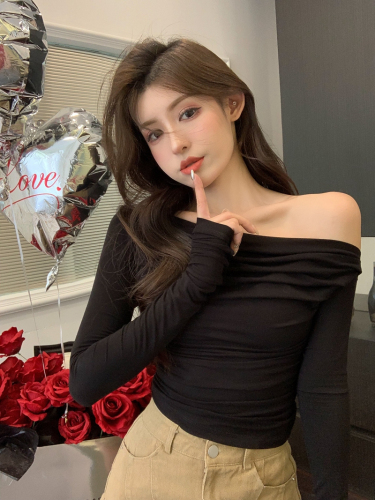 Spring and Autumn Bottoming Shirt Black Gentle Collarbone One Shoulder Pink Knitted Sweater Women's One-Neck Off-Shoulder Top
