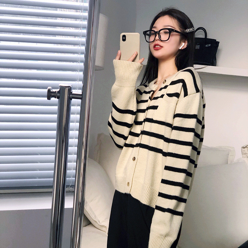 Striped cardigan, versatile, age-reducing, lazy-style knitted sweater, spring style, small pocket straight jacket and trousers, complete set