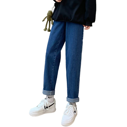 Real shot of high-waisted washed denim cotton straight casual harem pants for women in autumn slimming and versatile black cigarette tube carrot pants