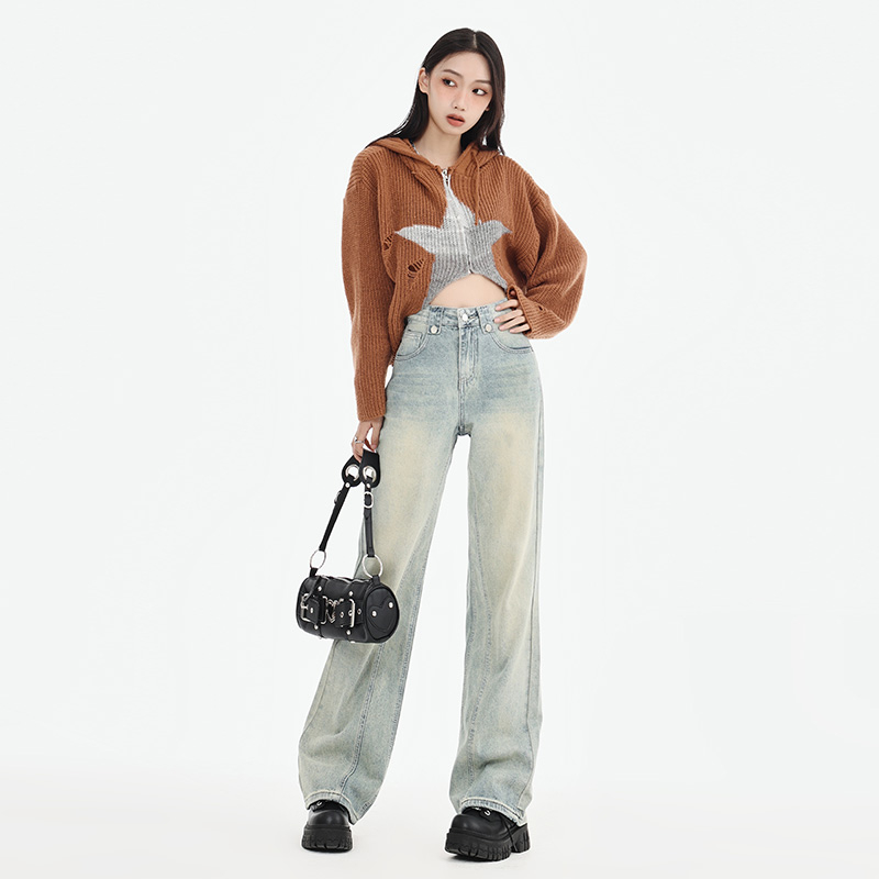 Actual shot of retro nostalgic color high-waisted wide-leg floor-length jeans, trousers & extensions XS-XL